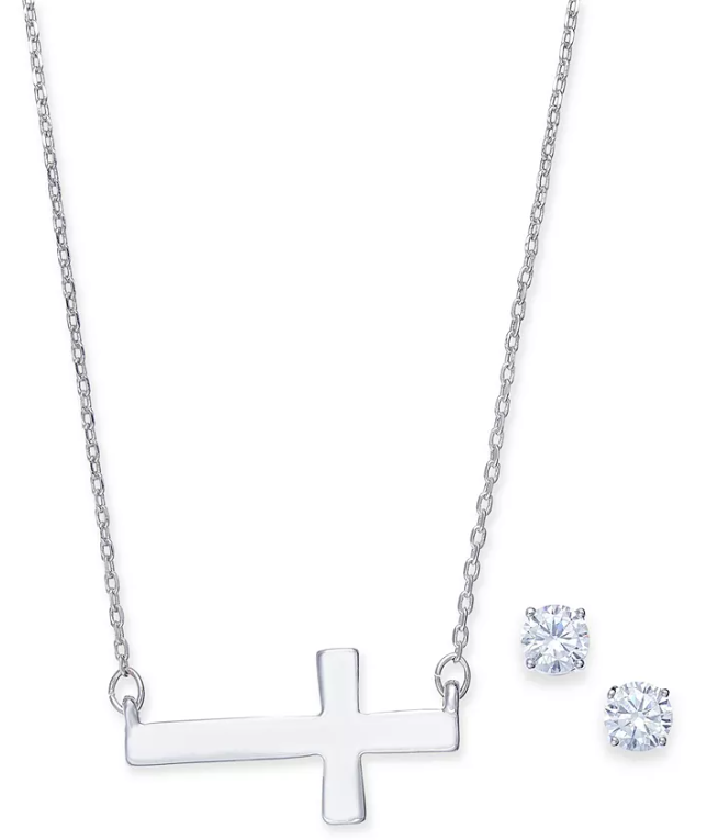 Alfani Cross Collar Necklace and Crystal Stud Earrings Set