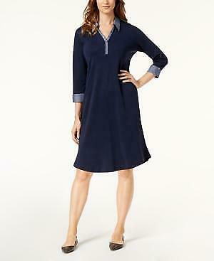 Karen Scott Petite Cotton Contrast-Collar Dress,PL/Intrepid Blue