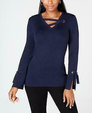 JM Collection Women's Grommet Trim V Neck Top Blue Size Small