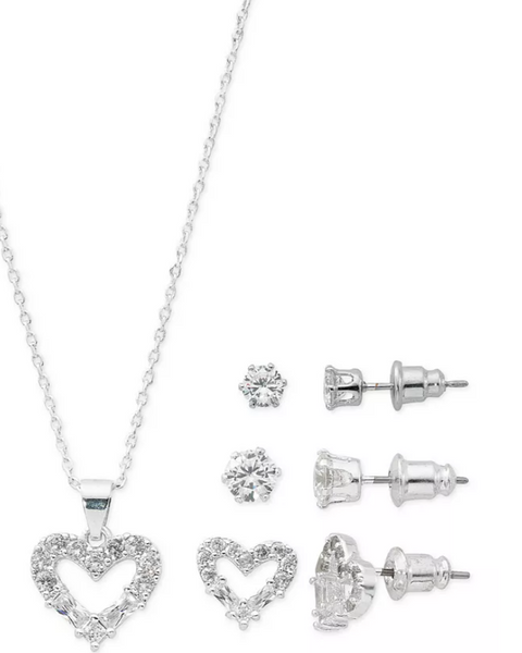 Macys Fine Silver Plate Cubic Zirconia Heart Necklace and Stud Earrings