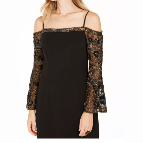 Adrianna Papell Embellished-Sleeve Cold-Shoulder Gown, Black, Size 10