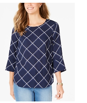Charter Club Printed 3/4-Sleeve Blouse ,Size Large Intrepid Blue Combo