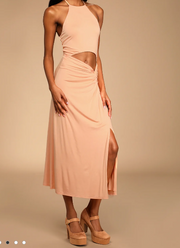 Lulus Top of the Trends Peach Twist-Front Cutout Halter Midi Dress, Size Large