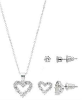 Fine Silver Plate Cubic Zirconia  Heart Necklace and Stud Earrings