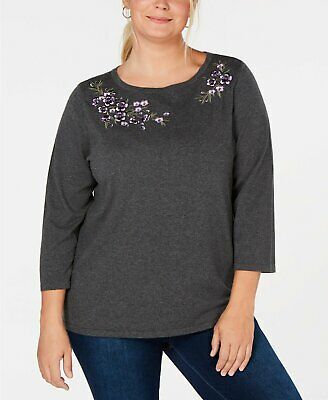 Karen Scott Plus Size Flower-Embroidered Sweater, OX/Gray