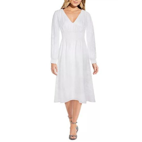 Adrianna Papell V-Neck Floral-Burnout MIDI Dress, White Size 8