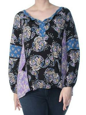 Style & Co Black Printed Split Neck Long Sleeve Top,Size XL