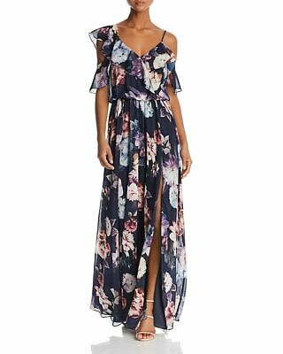 Aqua Women Blue Purple Floral Ruffle V-Neck Cold-Shoulder Maxi Dress Size 2