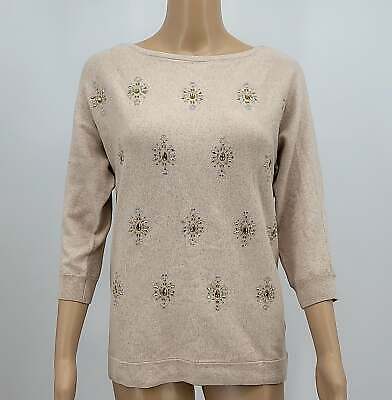 White House Black Market Sweater, Tan with Jewel Embellishments, Small