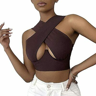 Women Sexy Halter Crisscross Tank Crop Top Sleeveless Cut Out, Brown, Large