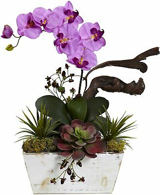 Nearly Natural 1458-Or Orchid & Succulent Garden With White Wash Planter