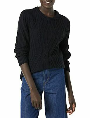 Amazon Essentials Womens 100% Cotton Crewneck Cable Sweater, Black, Medium