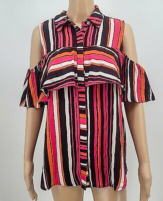 Ny Collection Striped Ruffled Cold-shoulder Top, Size Medium