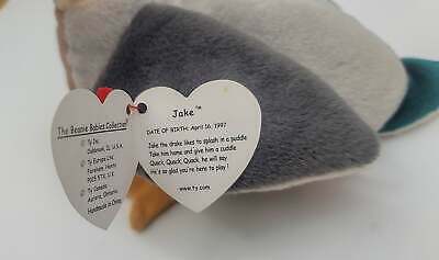 Ty Beanie Baby Jake The Mallard Drake Duck, 1997 1998  P.V.C. Pellets 14 Errors