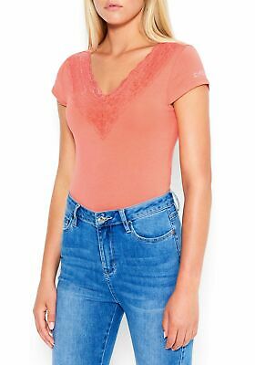 Bebe Logo Lace Plunge Bodysuit, Peach, Size Medium