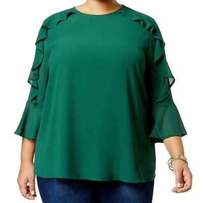 Monteau Womens Plus Ruffle Bell-Sleeve Blouse, 2X/Green