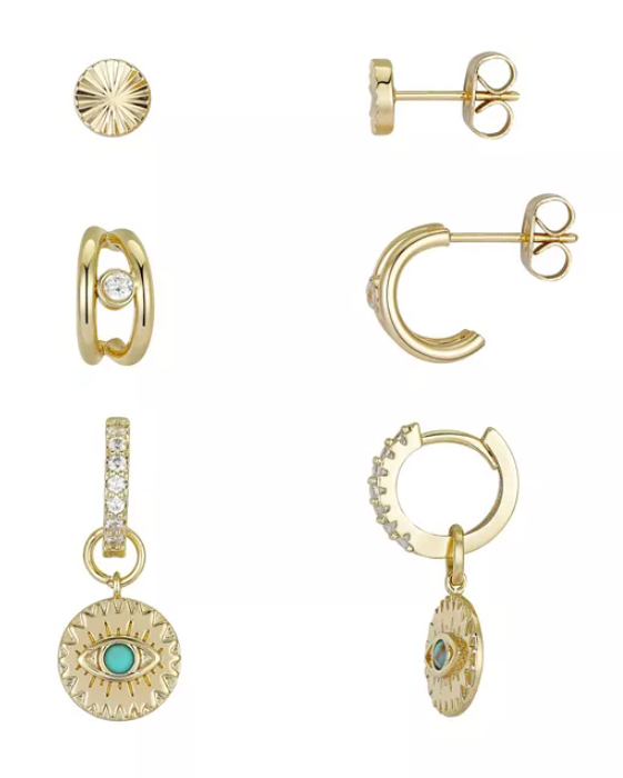 Unwritten14K Gold Flash-Plated 3-Pieces Genuine Crystal Evil Eye Earring Set