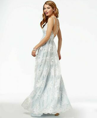 Say Yes to the Prom Juniors Embroidered-Lace Gown, Size 11-12/Light Blue
