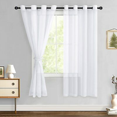 Hiasan White Sheer Curtains for Bedroom With Tiebacks, W52 X L63, 2 Soft Panels