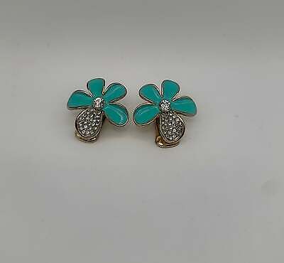 Vintage Turquoise Flower Silver Crystal Clip on Stud Earrings