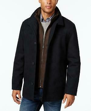 London Fog Big and Tall Wool Blend Stand-Collar Bib Car Coat, XLT/navy/brown
