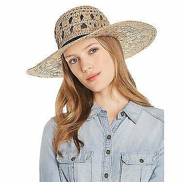 Aqua Filippo Catarzi Womens Open Weave Macramé Straw Floppy Sun Hat Band Natural