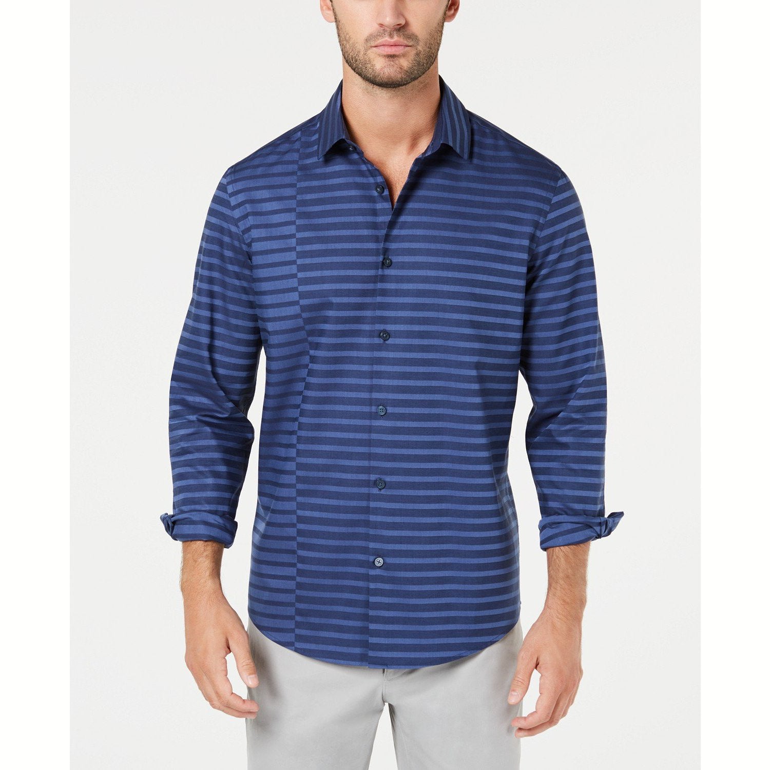 Alfani Mens Pieced Stripe Twill Shirt