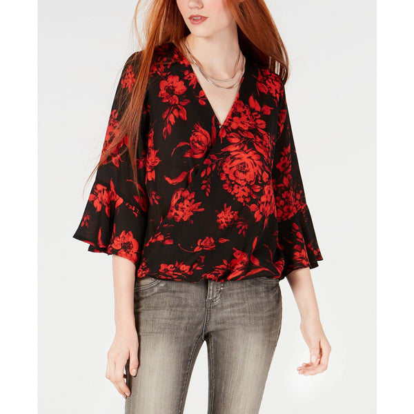 BCX Juniors Floral-Print Bell-Sleeve Top, Size Large