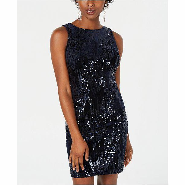 Emerald Sundae Juniors' Velvet Sequined Bodycon Dress Navy, Size Medium