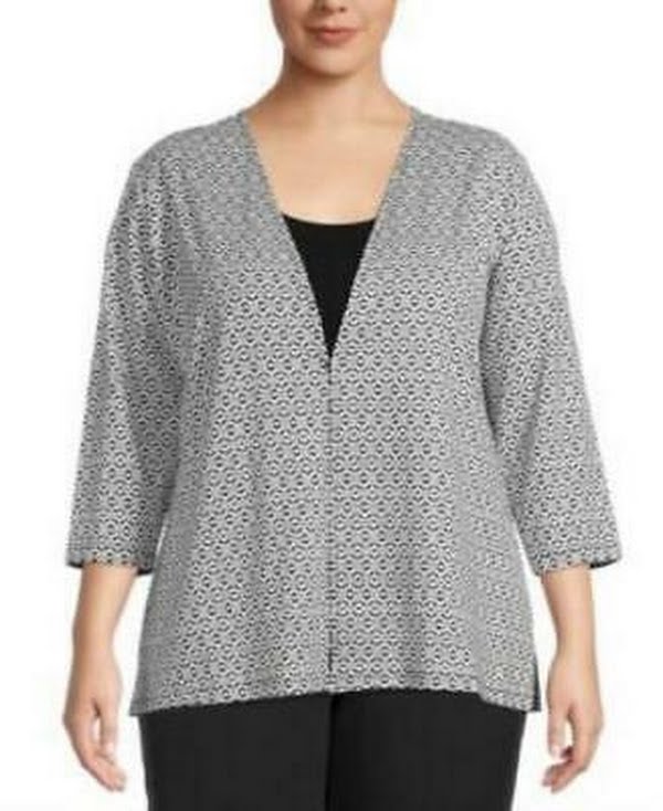 Kasper Womens Snap Front Jacket Plus Textured Cardigan Black 3X