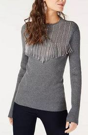 INC International Concepts Embellished Fringe Sweater, Gray,  Size XL