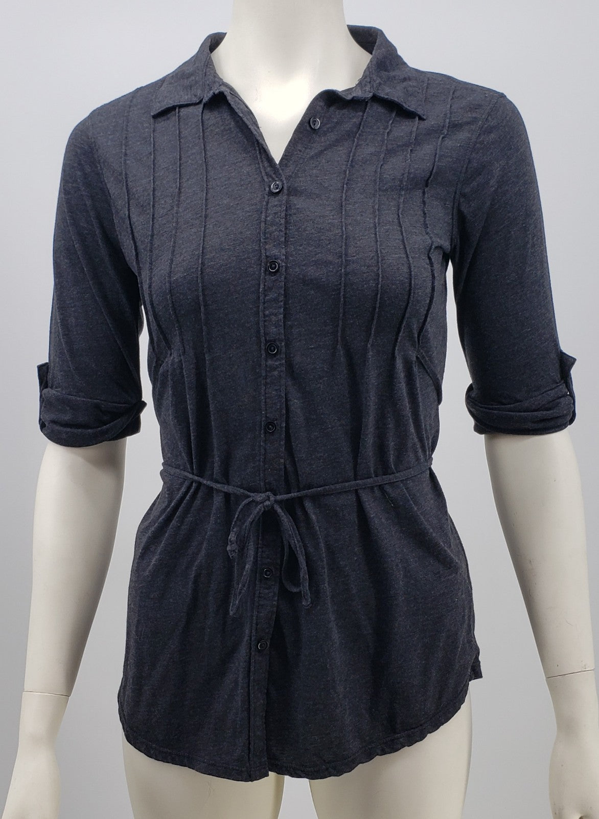 UnionBay Womens Blouse Babydoll Dark Gray Button Belt Sz medium