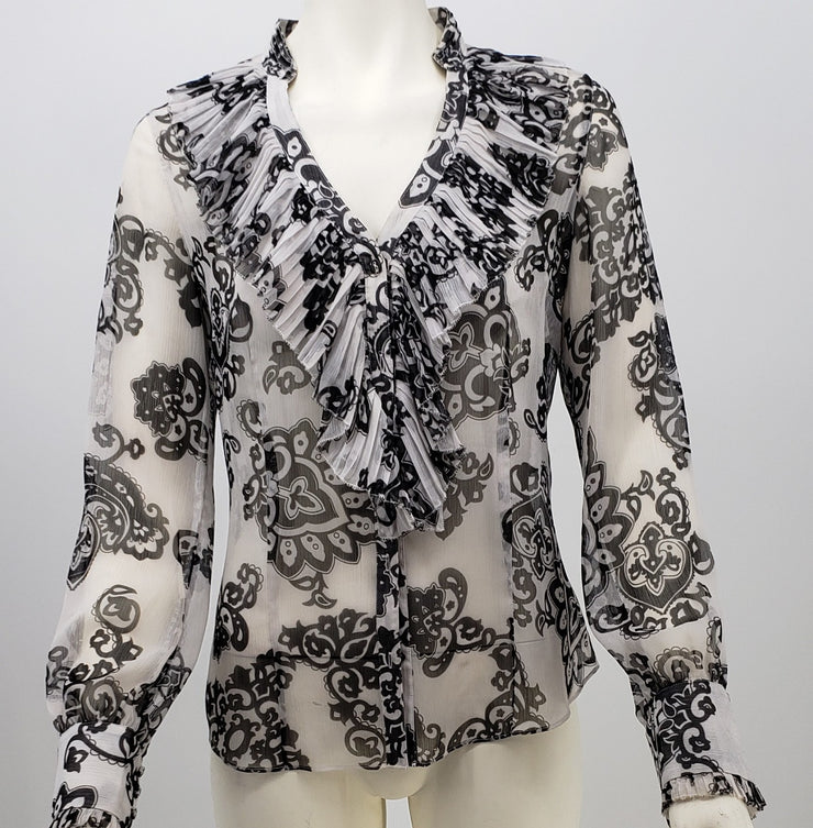 White House Black Market Blouse Semi Sheer Floral Long Sleeve Top, Size 8