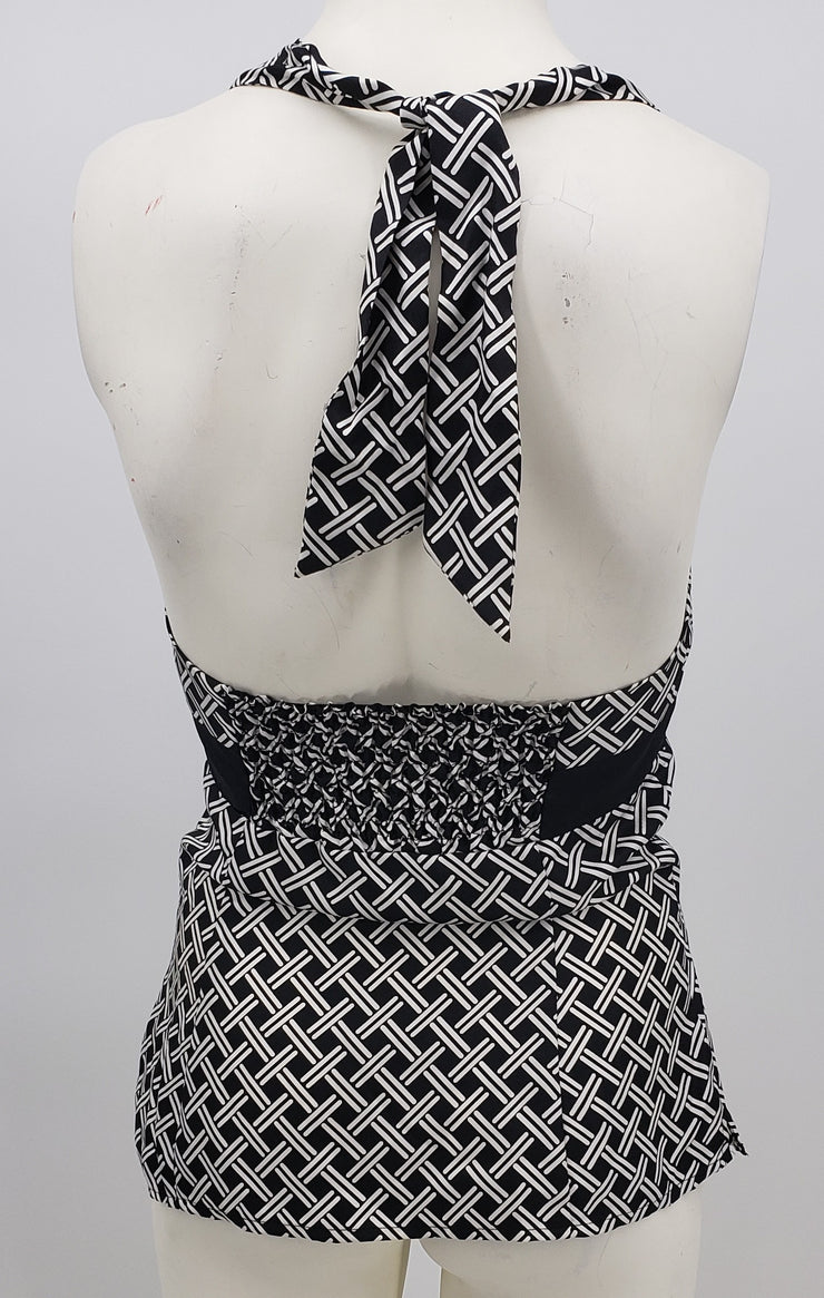 White House Black Market  Silk Ivory & Black Embellished Halter Top, Size XS