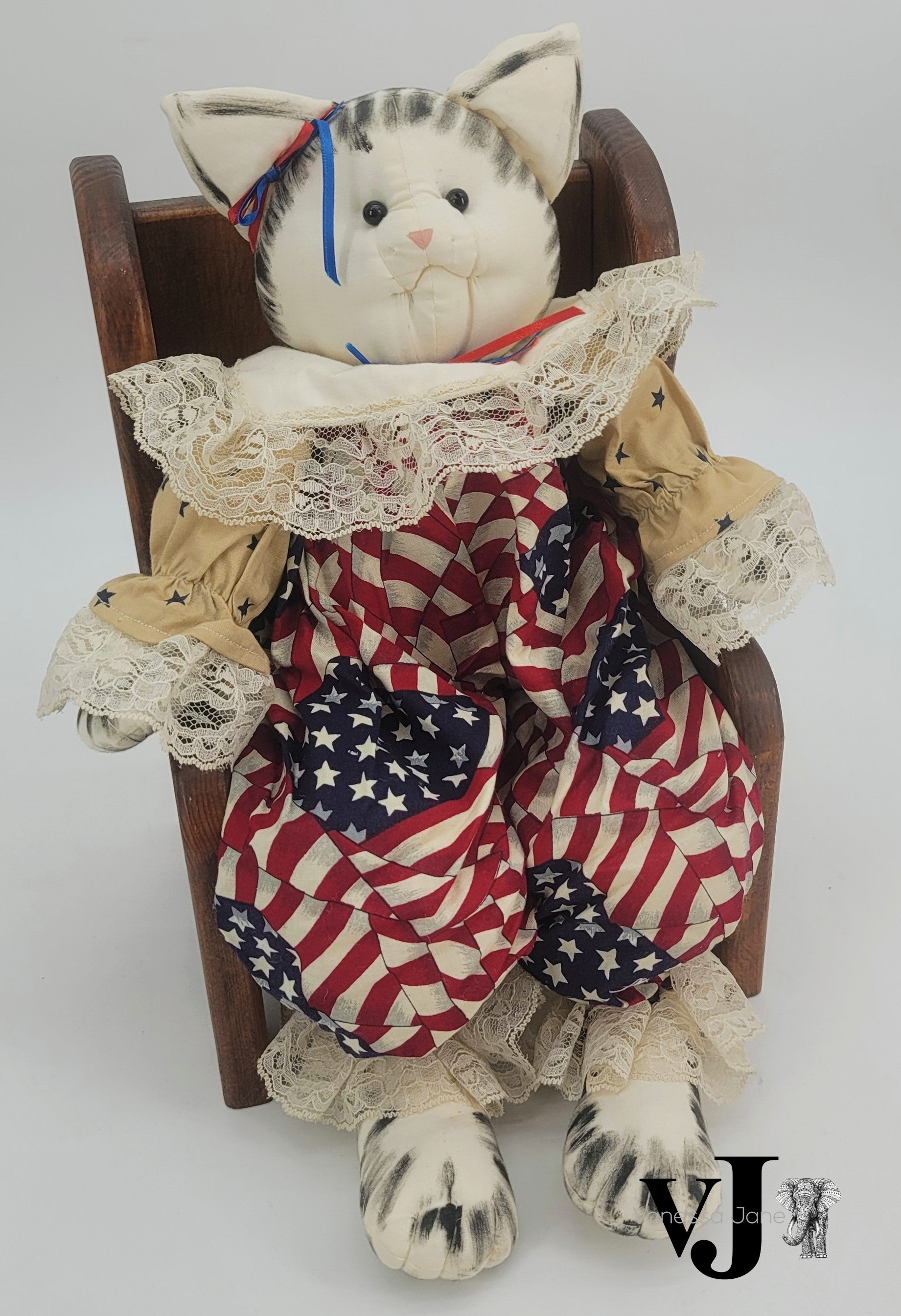 Vintage Americana Cat Doll with Handcrafted Wood Chair by Duke & Dusk