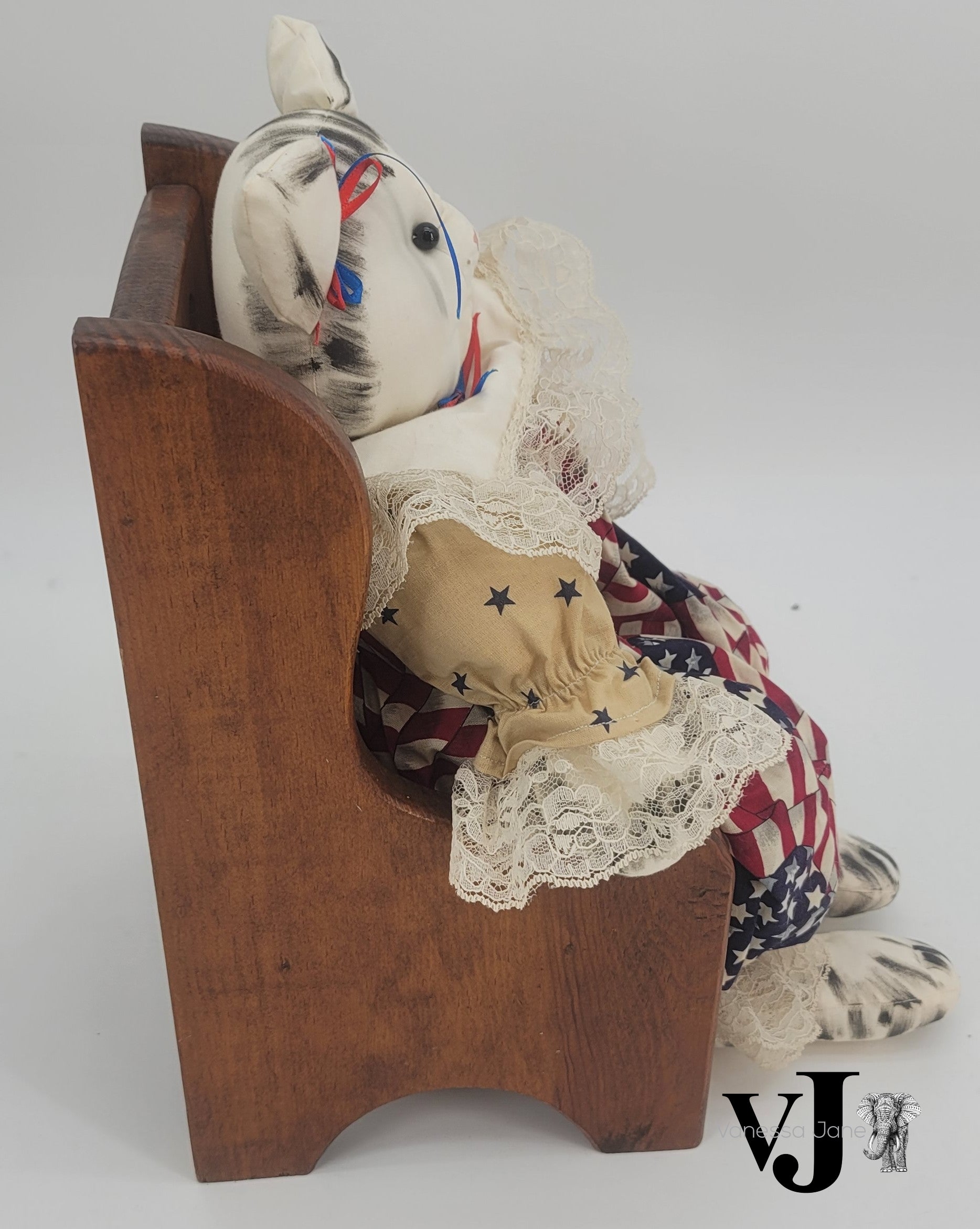 Vintage Americana Cat Doll with Handcrafted Wood Chair by Duke & Dusk