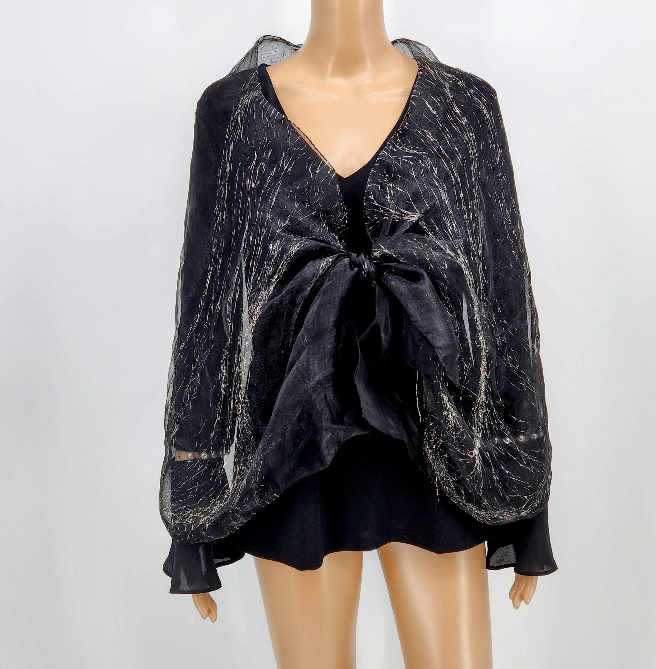 Womens Organza Fringe Black Metallic Scarf