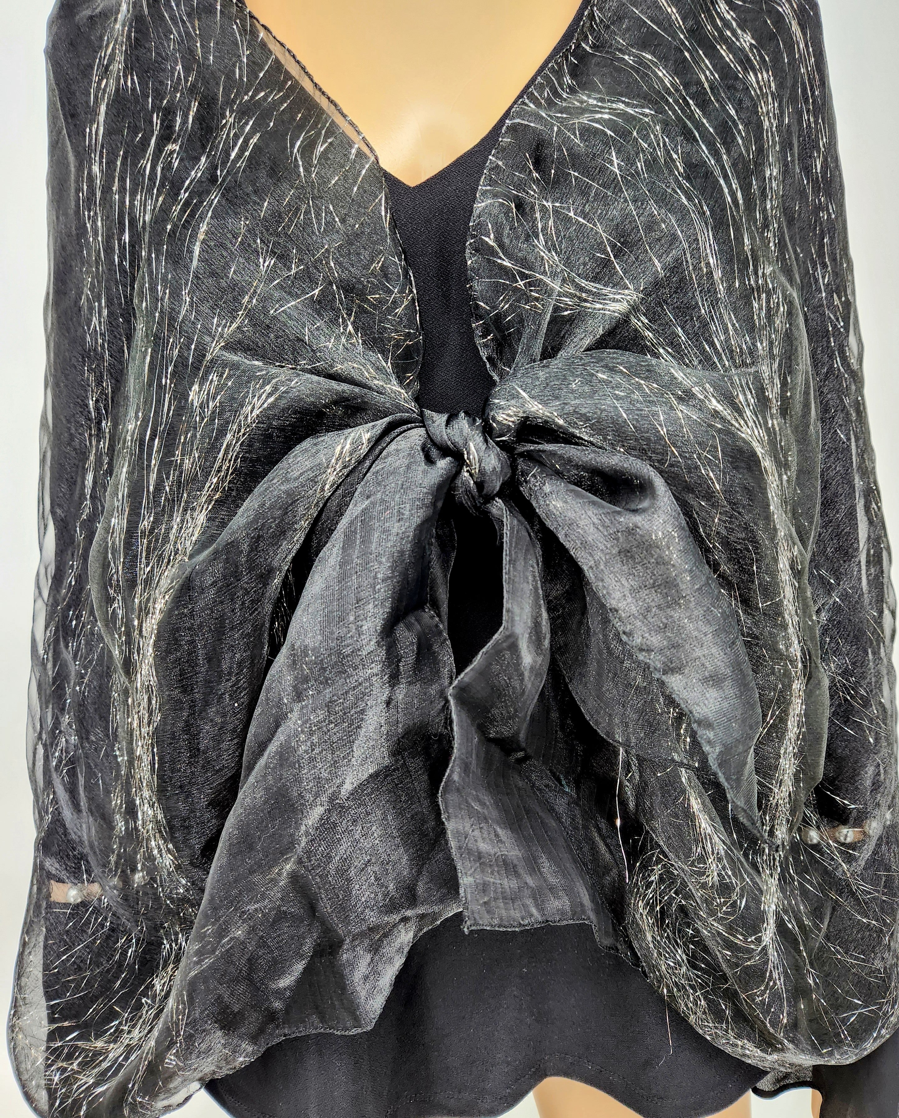 Womens Organza Fringe Black Metallic Scarf