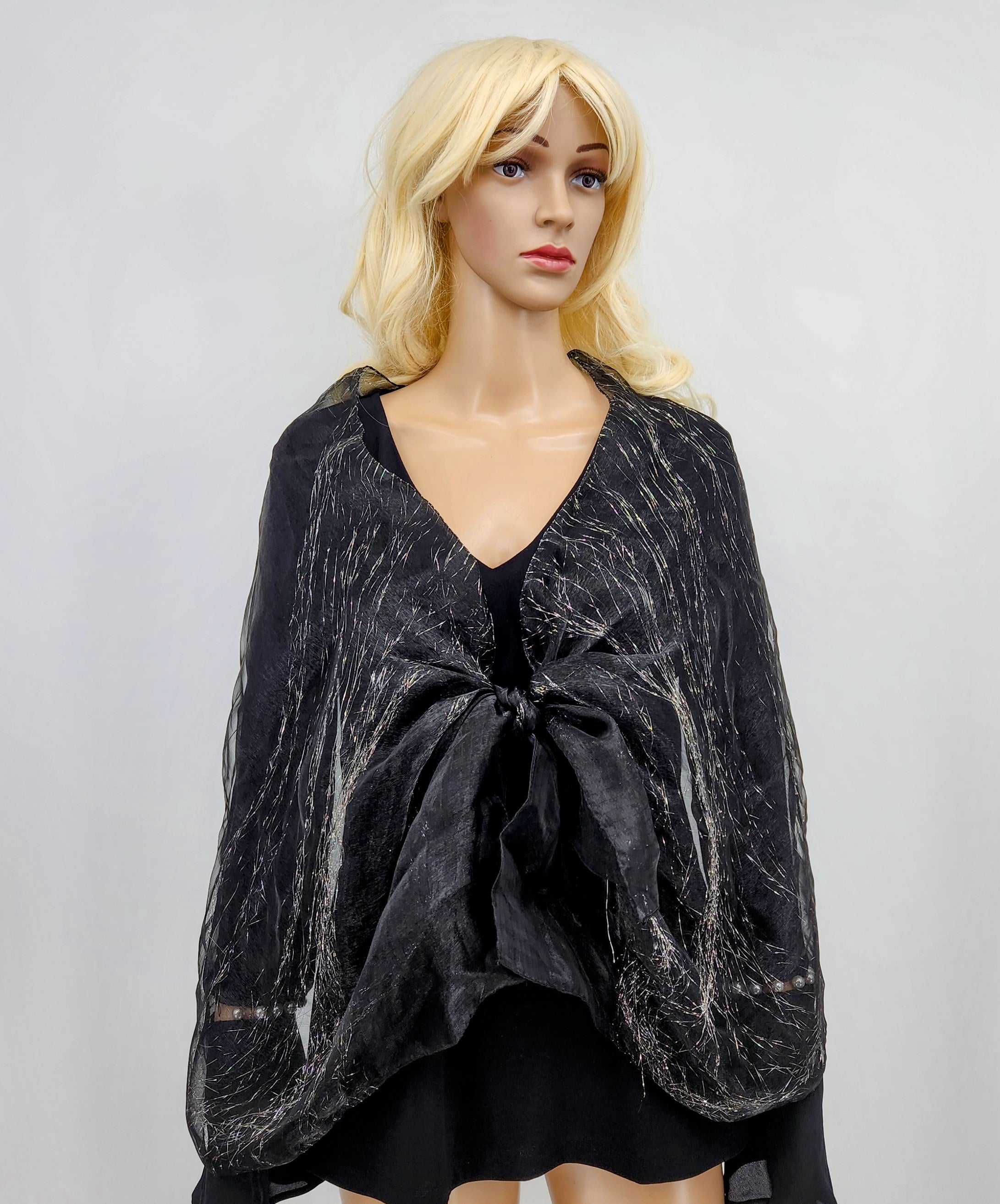 Womens Organza Fringe Black Metallic Scarf