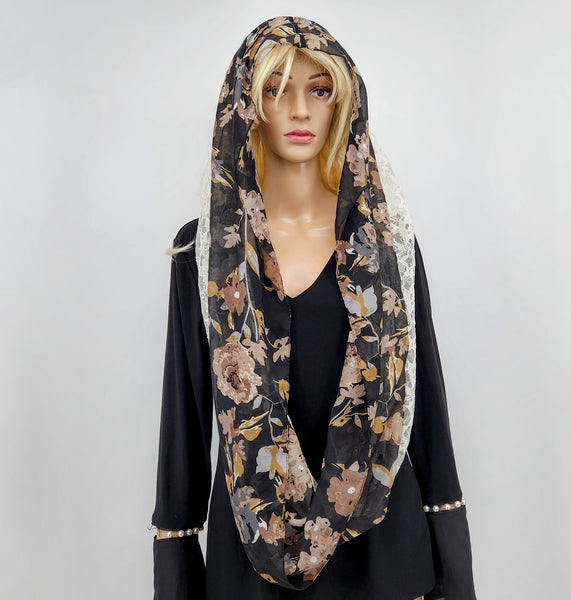 Womens Stylish Lace Floral Print Infinity Hobo Scarf