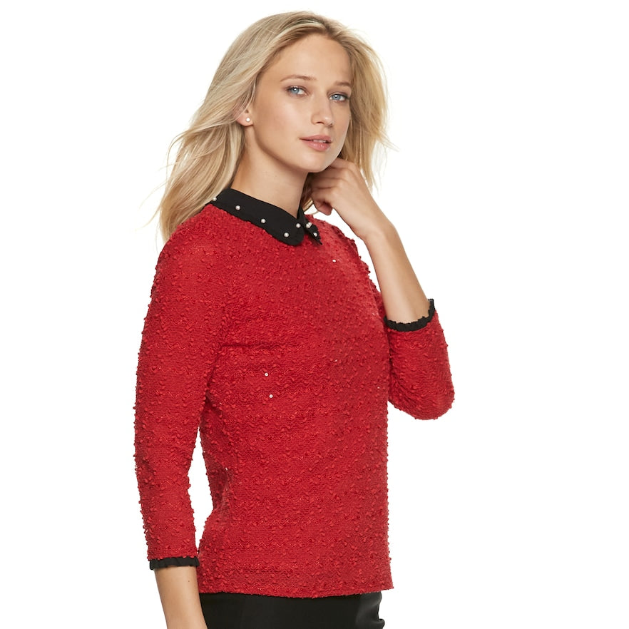 Elle Womens Collared 3/4-Sleeve Top, Size Medium