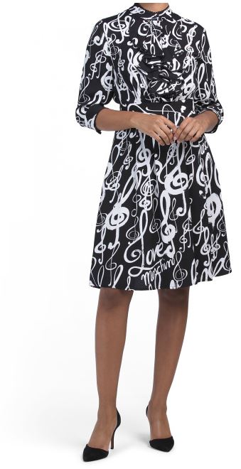 LOVE MOSCHINO Jabot Music Notes Printed Dress, Size 6