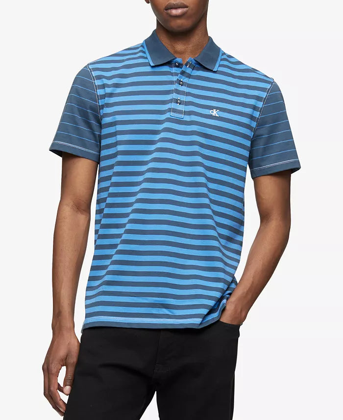 Calvin Klein Mens Striped Monogram Polo Shirt, Size Large