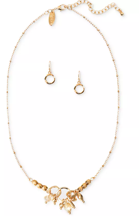 Style and Co Gold-Tone Beaded Charm Hammered Ring Statement Necklace and Earring