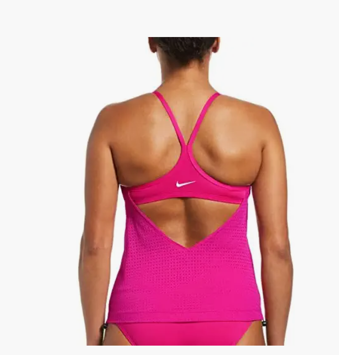 Nike Womens Pink Stretch Pocketed Sporty Essential Tankini Swimsuit Top, Large