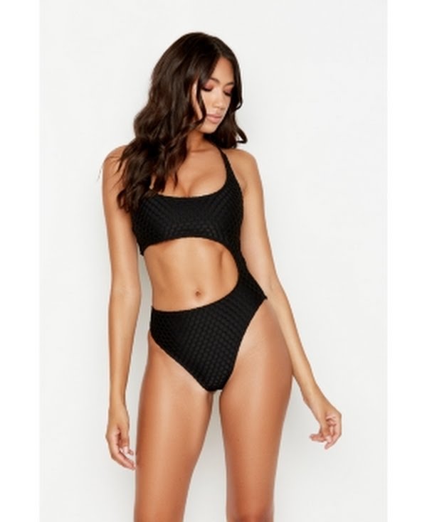 Ris-K Black Stretch Asymmetrical Midriff Cutout Swimming Suit, Size Xs