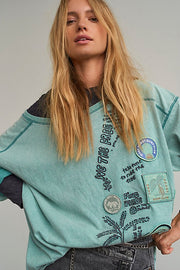 Free People Ivy Embroidered Sweatshirt Aqua Combo, Various Sizes