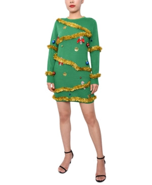 Planet Gold Juniors Christmas Tree Sweater Dress,Size Small