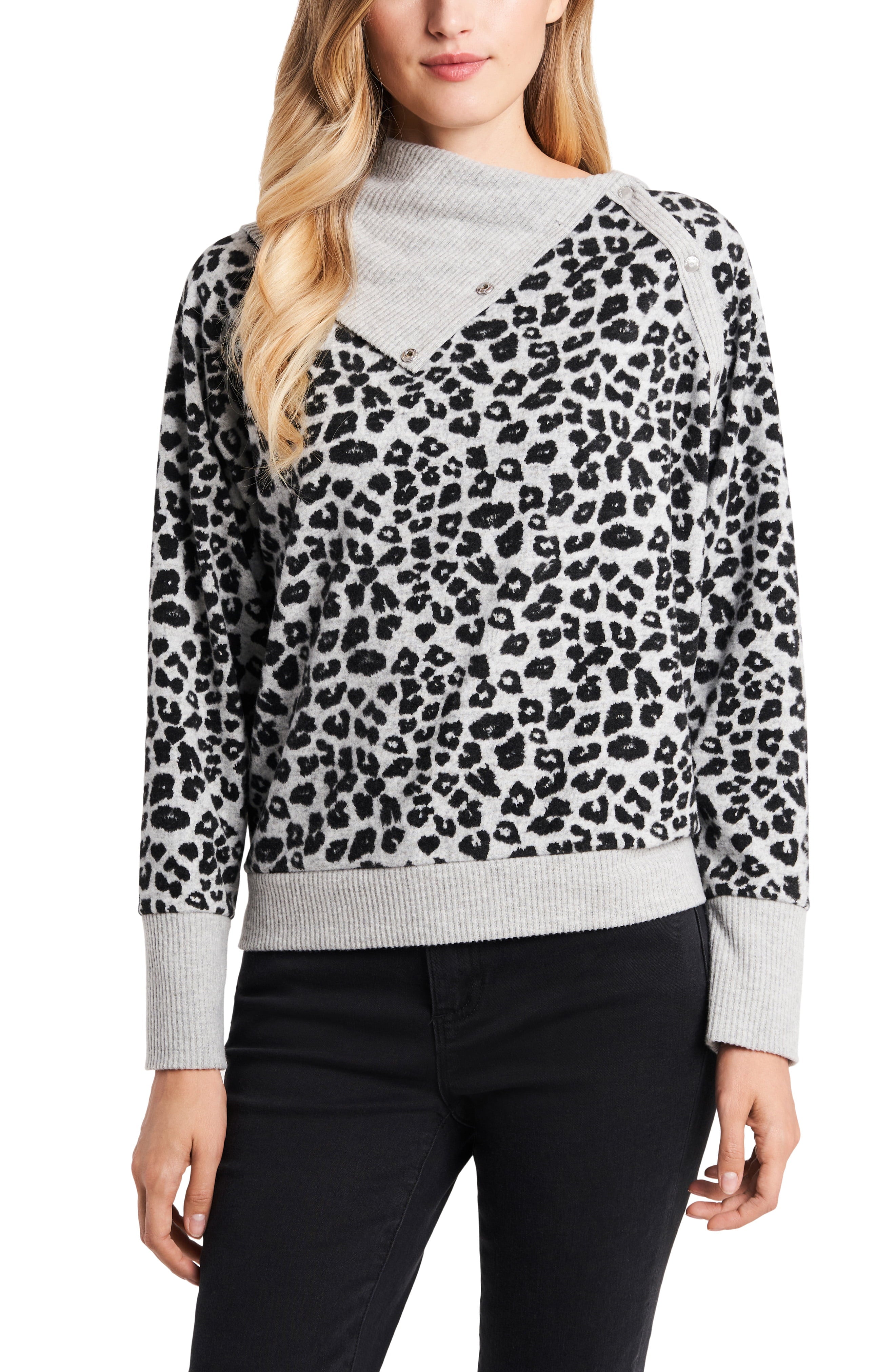 Vince Camuto Leopard Jacquard Print Fold Over Neck Long Sleeve Top, XL