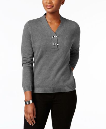 Karen Scott Textured Pullover Sweater Buckle-Detail, Large